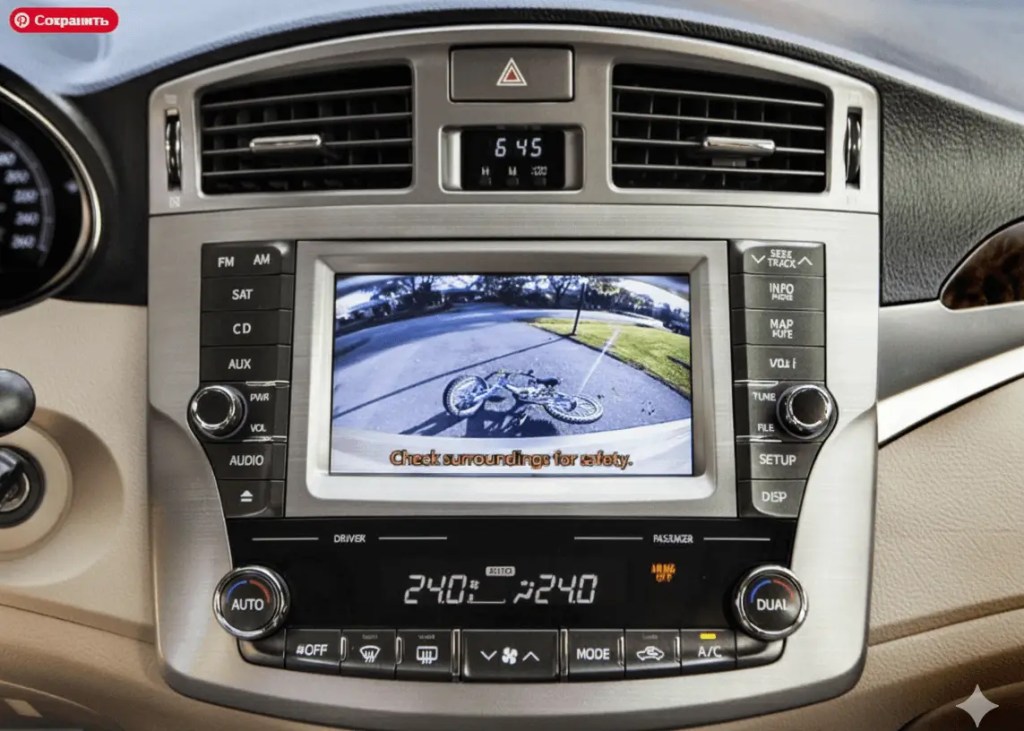 Экран монитора в салоне автомобиля с изображением заднего вида, где на земле лежит детский велосипед, с предупреждением "Check surroundings for safety." (Проверьте окружение для безопасности).