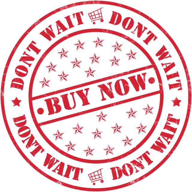 Красный круглый графический штамп с текстом «BUY NOW» в центре и «DONT WAIT» по внешнему кругу, украшенный звездами и иконками тележек.