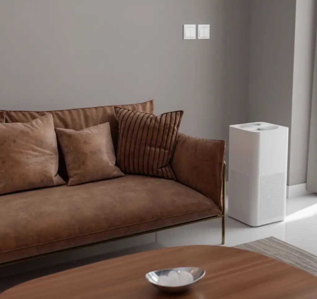 Современный минималистичный интерьер гостиной с кожаным диваном и белым очистителем воздуха квадратной формы, стоящим у стены.