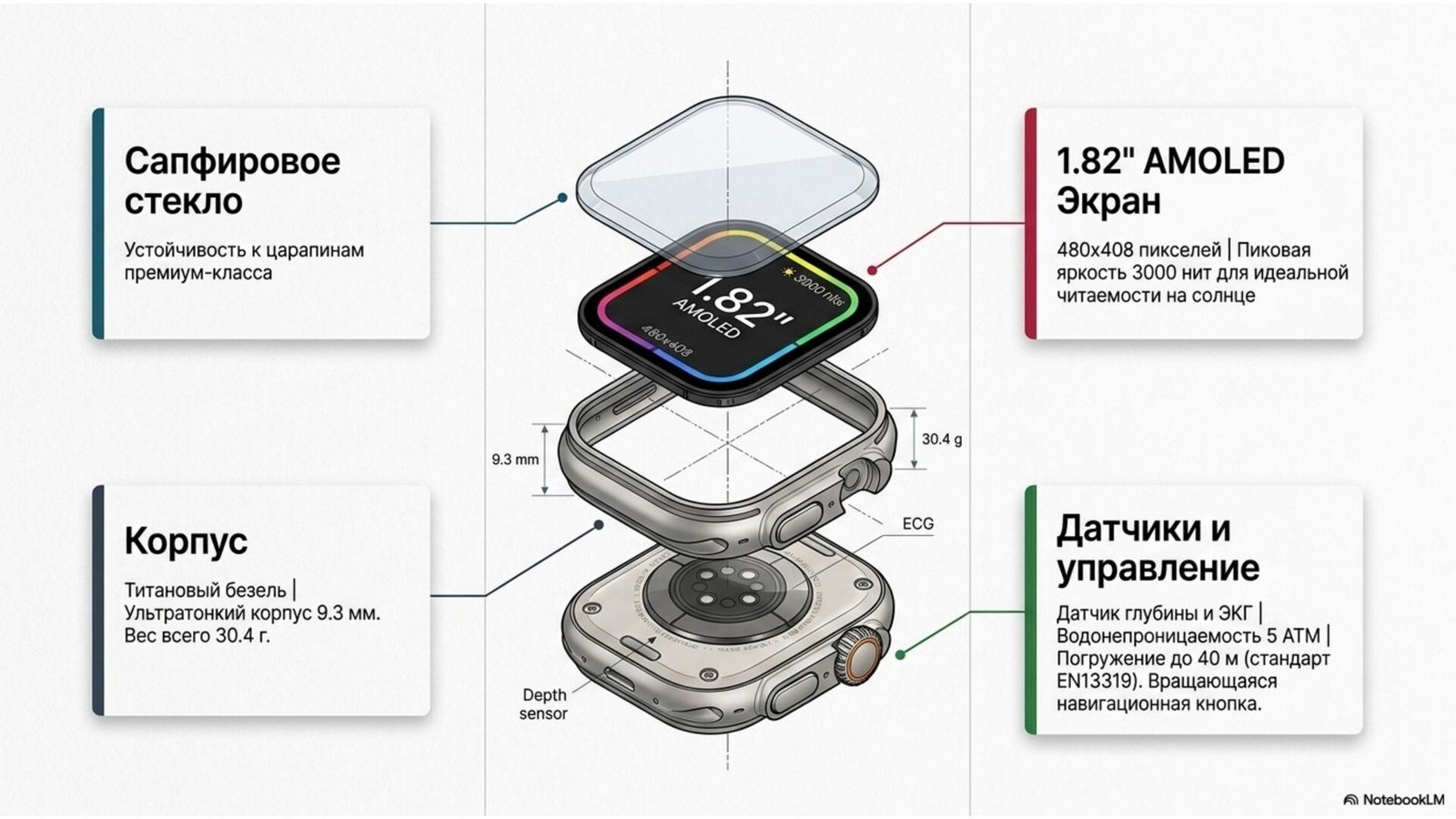 Huawei Watch Fit 4 Pro exploded view: titanium bezel, sapphire glass, TruSense sensor, 9.3mm profile