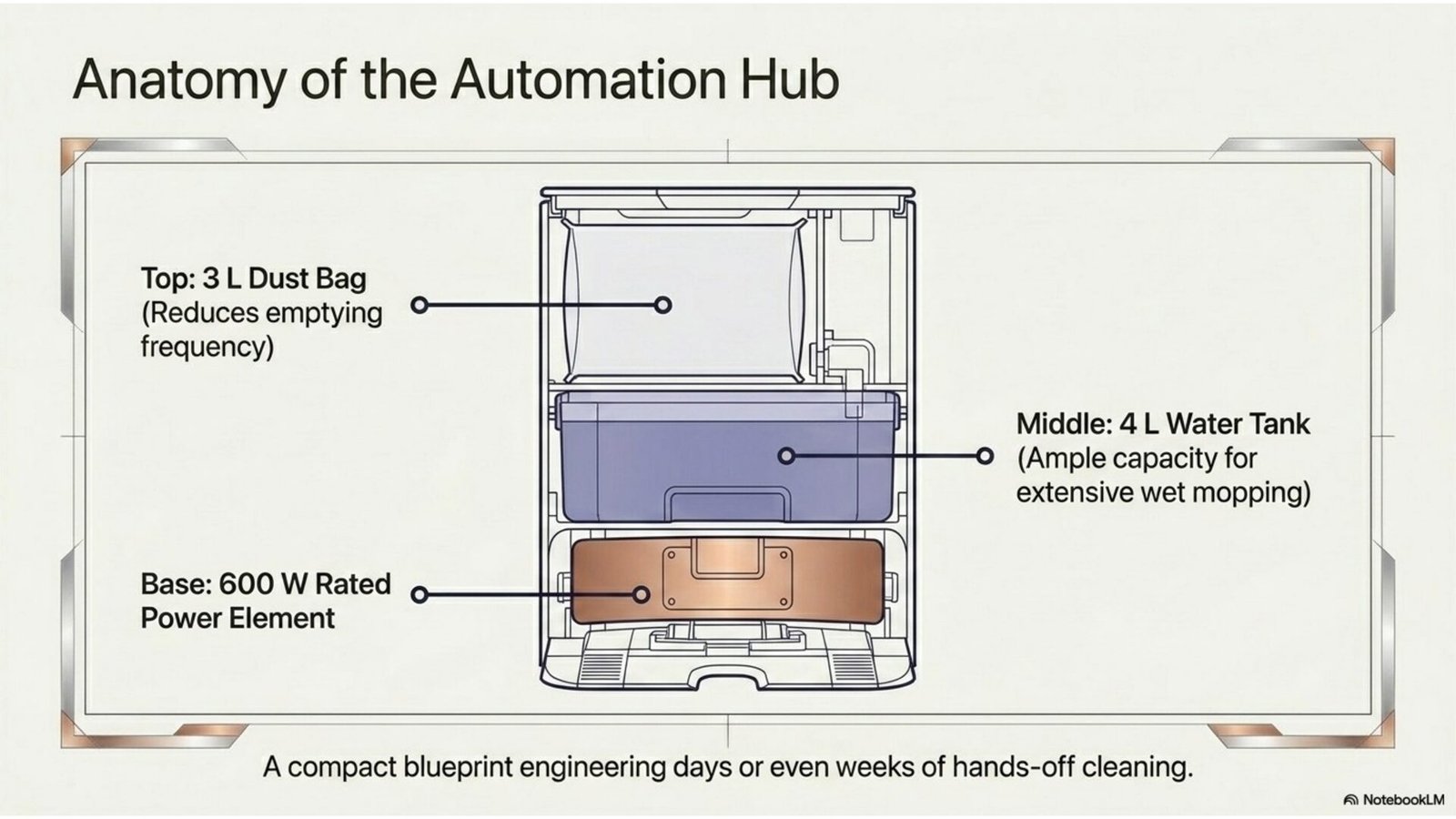 JONR P20 Pro base station anatomy: 3L dust bag, 4L water tank, 600W power