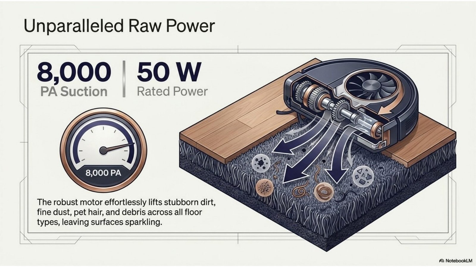 JONR P20 Pro 8000 Pa suction power across hard floors and carpets