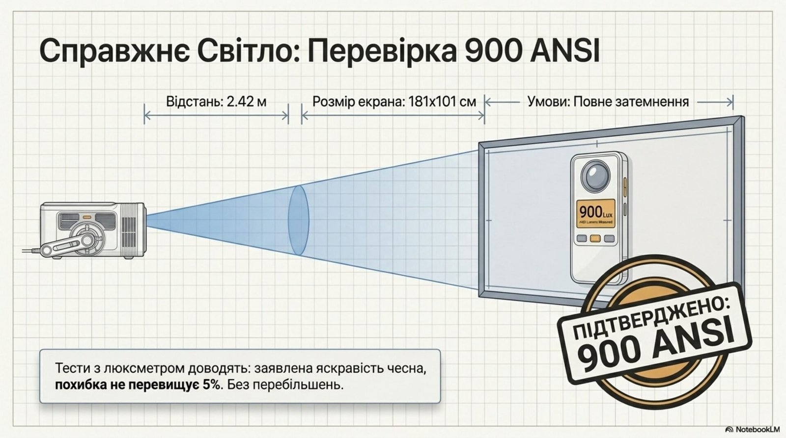 Wanbo Vali 1 Pro 900 ANSI lumens luxmeter verification test setup