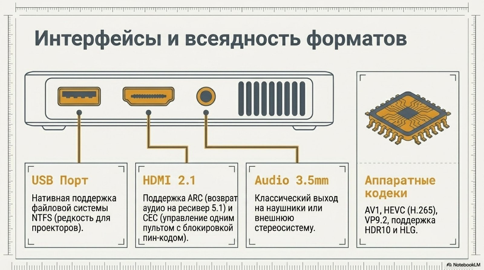 Wanbo Vali 1 Pro physical ports: HDMI 2.1 with ARC, USB drive with NTFS support and 3.5mm audio jack