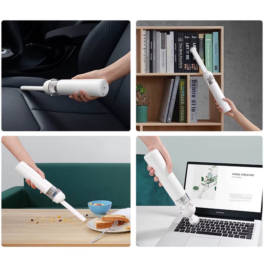 Xiaomi Mi Vacuum Cleaner Mini cleaning a car seat, bookshelf, table crumbs and a laptop keyboard