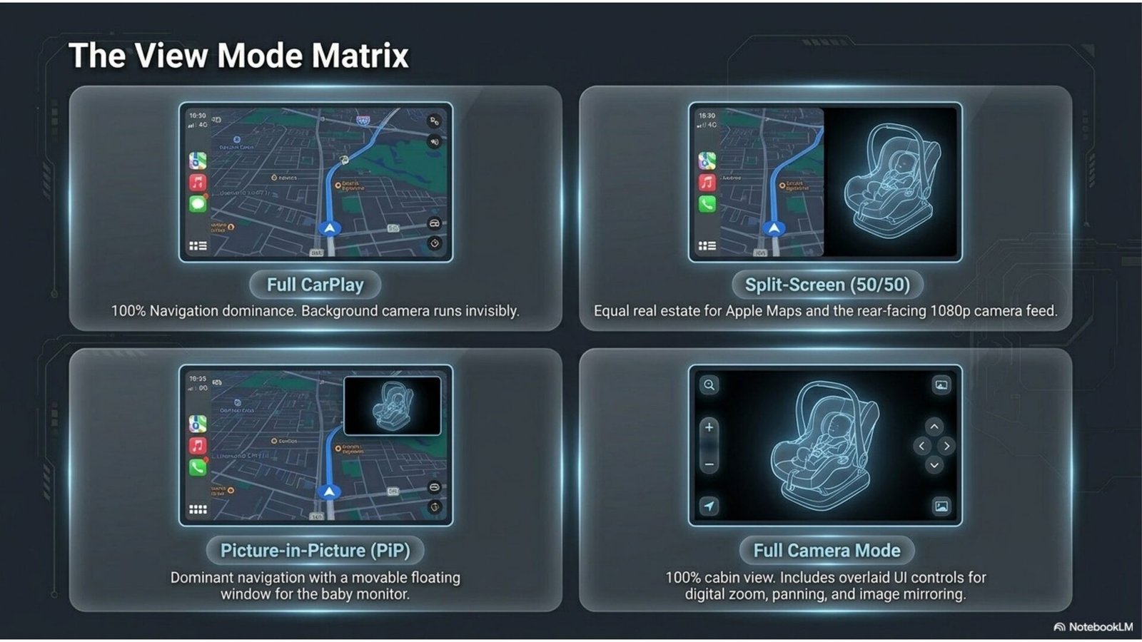Ottocast Cabin Care display modes: full screen, split screen 50/50, picture-in-picture