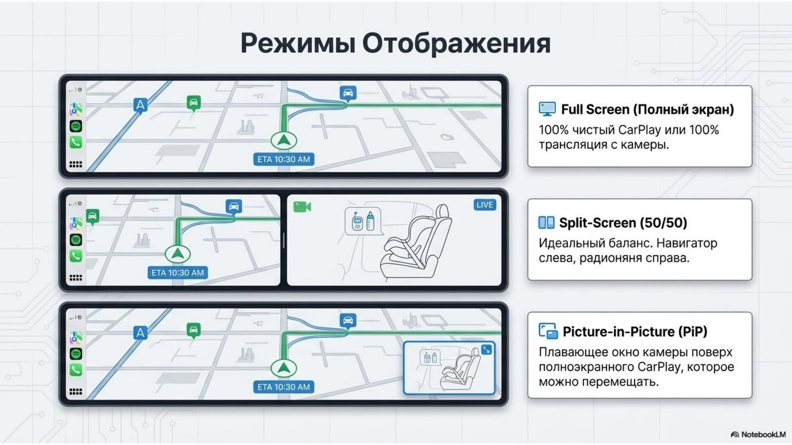 Ottocast Cabin Care display modes: full screen, split screen 50/50, picture-in-picture