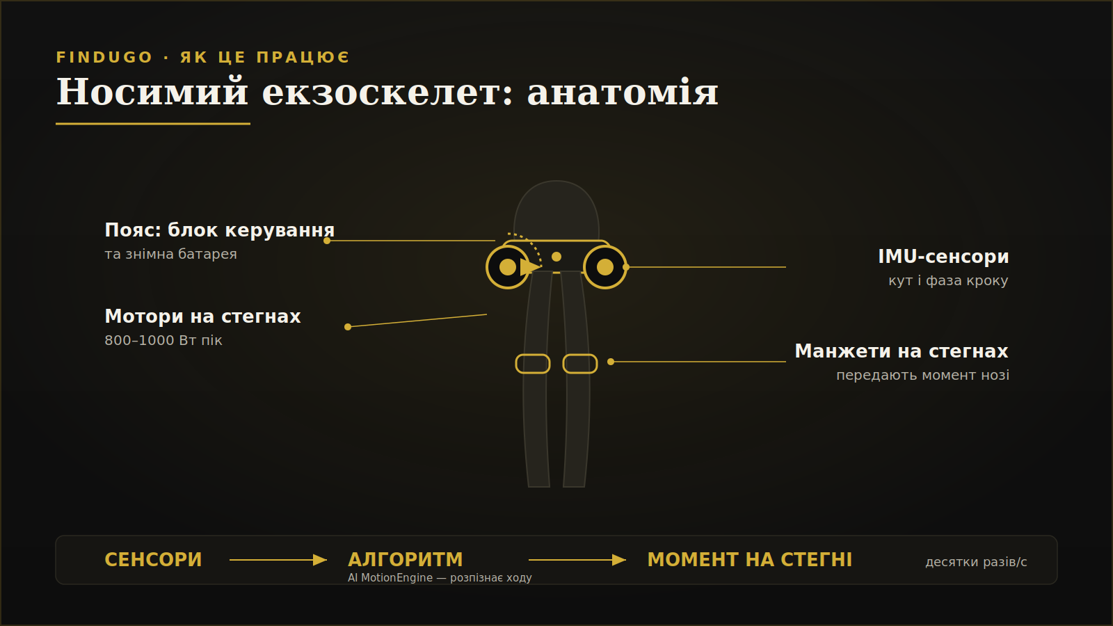Diagram of a wearable exoskeleton: waist battery and control unit, hip motors, IMU sensors and thigh cuffs